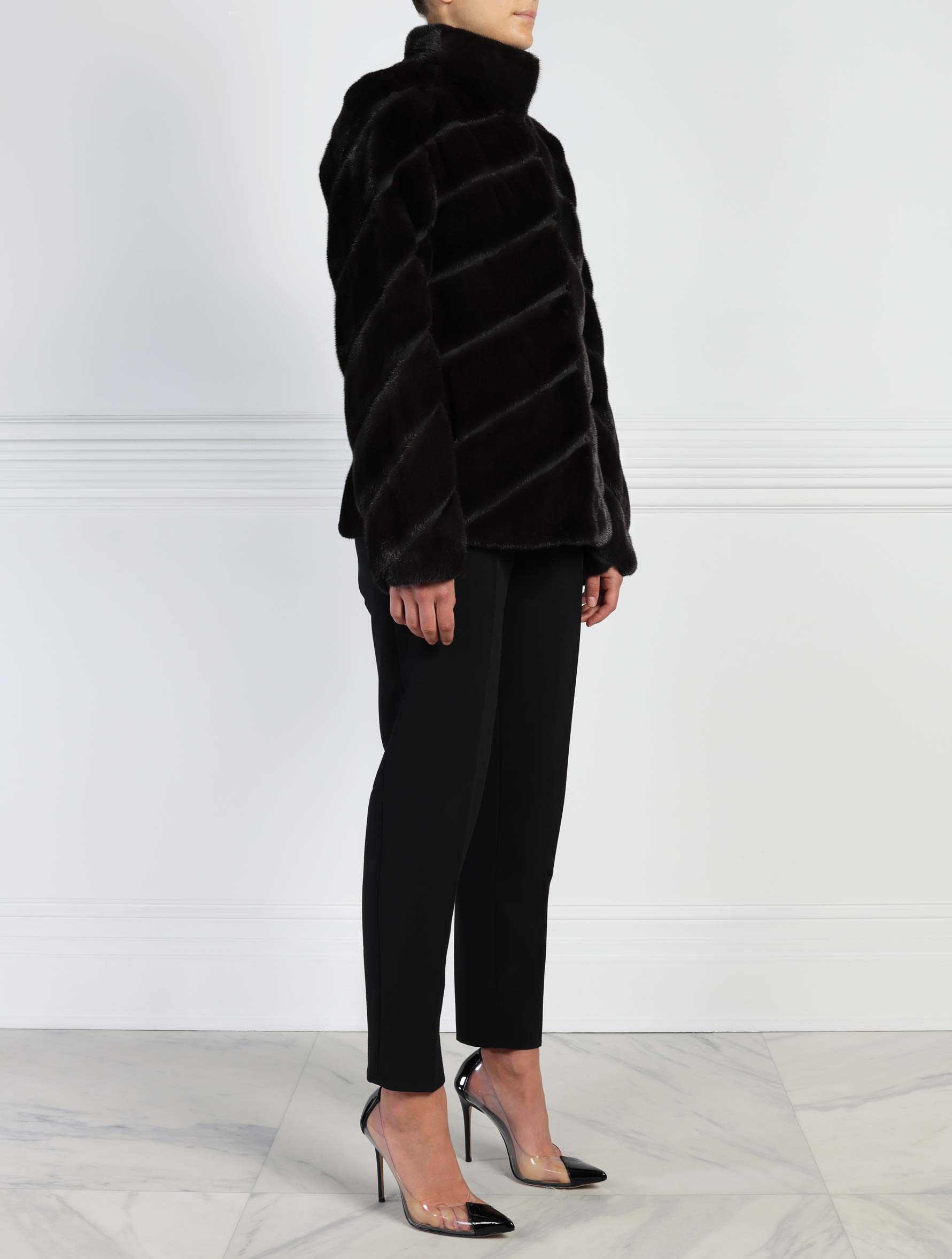 Diagonal Mink and Suede Jacket in Black