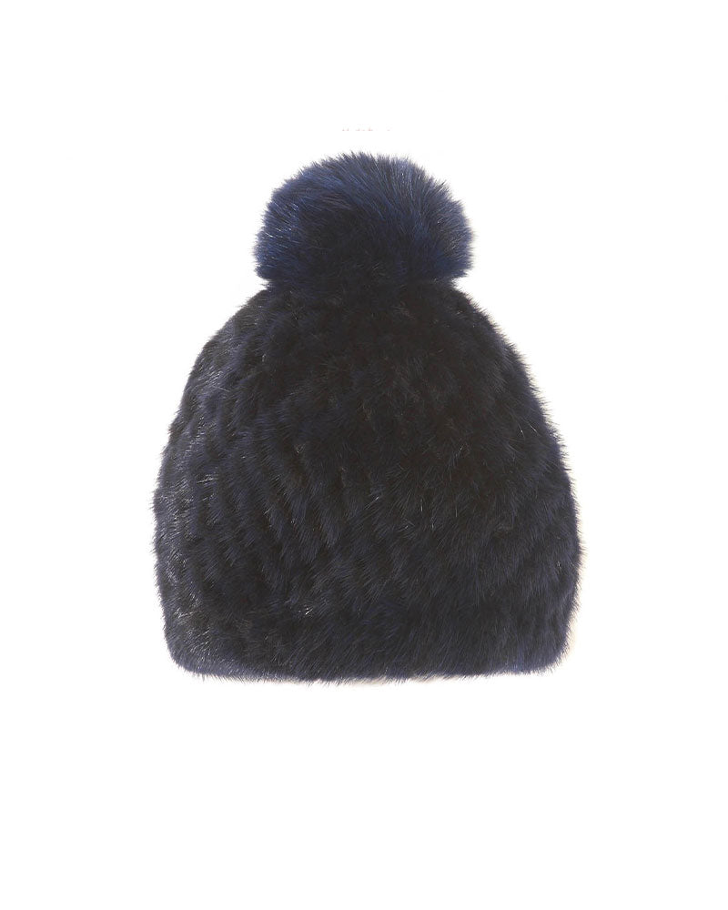 The Knit Mink Fur Hat with Fox Pom in Multiple Colors