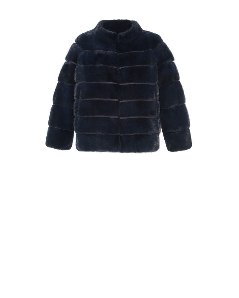 NAVY HORIZONTAL MINK JACKET STAND COLLAR