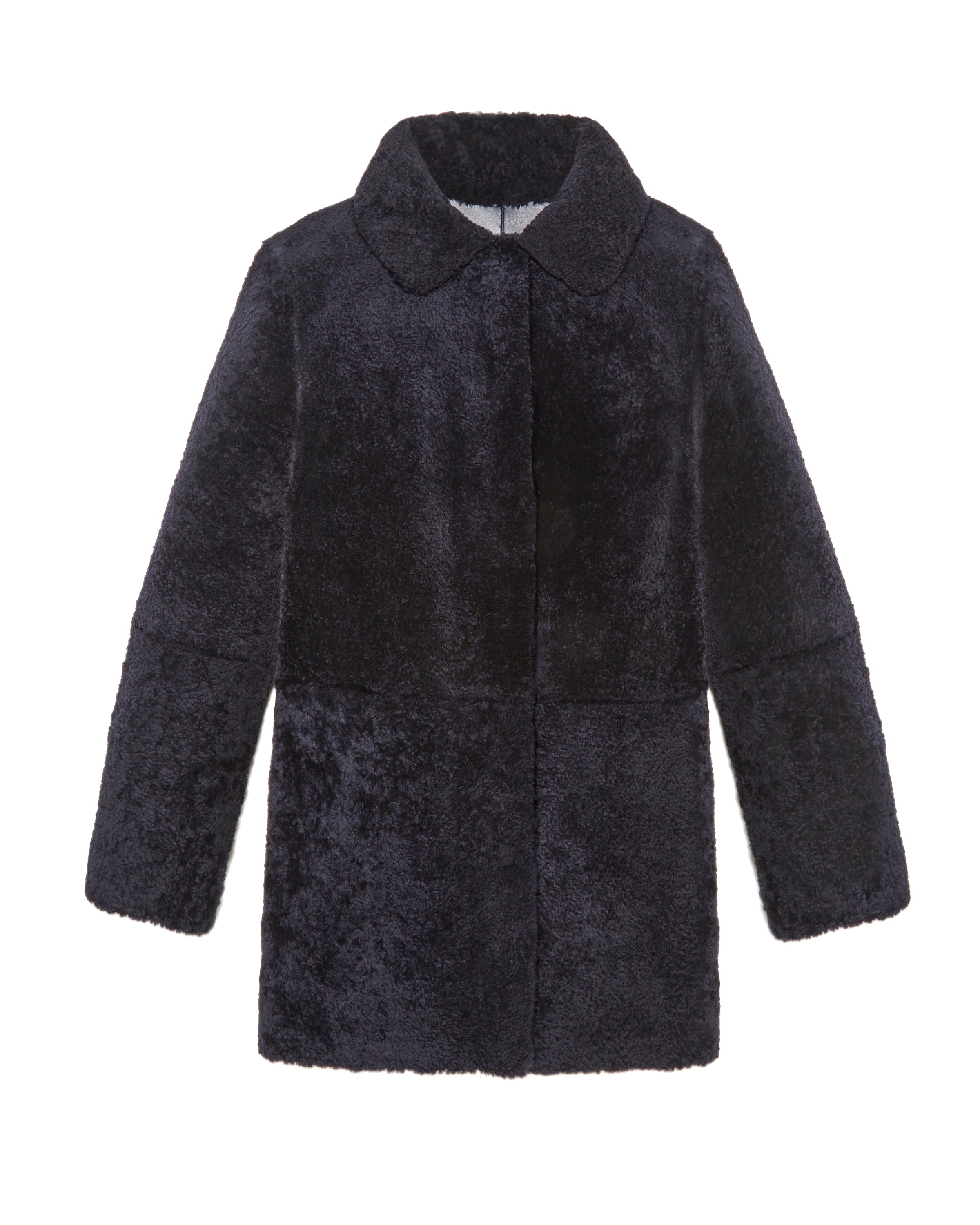 FLAT VIEW-REVESRSIBLE NAVY SHEARLING COAT-SHIRT COLLAR-STRAIGHT FULL LENGTH SLEEVES-HORIZONTAL SLIT POCKETS-SNAP CLOSURES-REVERSIBLE TO PATENT LEATHER-30 INCH CENTER BACK LENGTH-BY POLOGEORGIS