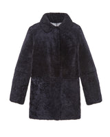 FLAT VIEW-REVESRSIBLE NAVY SHEARLING COAT-SHIRT COLLAR-STRAIGHT FULL LENGTH SLEEVES-HORIZONTAL SLIT POCKETS-SNAP CLOSURES-REVERSIBLE TO PATENT LEATHER-30 INCH CENTER BACK LENGTH-BY POLOGEORGIS