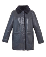 NAPA OUT FLAT VIEW-REVESRSIBLE NAVY SHEARLING COAT-SHIRT COLLAR-STRAIGHT FULL LENGTH SLEEVES-HORIZONTAL SLIT POCKETS-SNAP CLOSURES-REVERSIBLE TO PATENT LEATHER-30 INCH CENTER BACK LENGTH-BY POLOGEORGIS