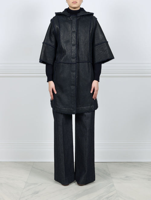 Short Sleeved Shearling Coat with Detachable Hood in Navy