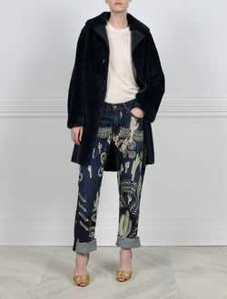 CASUAL VIEW-NAVY FANTASTIC FLOWERS PRINTED SHEARLING COAT DESIGNED BY ZANDRA RHODES FOR POLOGEORGIS-NOTCH COLLAR-FULL LENGTH SLEEVES-SLIT POCKETS-BUTTON CLOSURES-REVERSIBLE TO SHEARLING FUR-37 INCH CENTER BACK LENGTH 