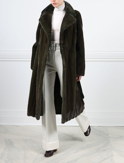 CASUAL VIEW-DYED PAULINE GREEN MINK COAT-NOTCH COLLAR-FULL LENGTH SLEEVES-SLIT POCKETS-HOOK AND EYE CLOSURES-COUBLE FUR BELT-45 INCH CENTER BACK LENGTH-BY POLOGEORGIS