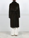 BACK VIEW-DYED PAULINE GREEN MINK COAT-NOTCH COLLAR-FULL LENGTH SLEEVES-SLIT POCKETS-HOOK AND EYE CLOSURES-COUBLE FUR BELT-45 INCH CENTER BACK LENGTH-BY POLOGEORGIS