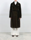 FRONT VIEW-DYED PAULINE GREEN MINK COAT-NOTCH COLLAR-FULL LENGTH SLEEVES-SLIT POCKETS-HOOK AND EYE CLOSURES-COUBLE FUR BELT-45 INCH CENTER BACK LENGTH-BY POLOGEORGIS