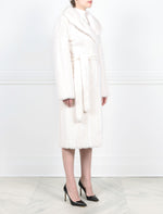PEARL WHITE MINK WRAP COAT BY VICTOR GLEMAUD FOR POLOGEORGIS-SHAWL COLLAR-FULL LENGTH SLEEVES-SLIT POCKETS-HOOK AND EYE CLOSURES-DOUBLE FUR BELT- 44 INCH CENTER BACK LENGTH