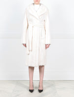 PEARL WHITE MINK WRAP COAT BY VICTOR GLEMAUD FOR POLOGEORGIS-SHAWL COLLAR-FULL LENGTH SLEEVES-SLIT POCKETS-HOOK AND EYE CLOSURES-DOUBLE FUR BELT- 44 INCH CENTER BACK LENGTH