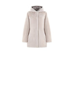 REVERSED TO FUR VIEW-FANTASTIC LOWERS PRINTED SHEARLING COAT DESIGNED BY ZANDRA RHODES FOR POLOGEORGIS-HOODED-FULL LENGTH SLEEVES-SLIT POCKETS-SNAP CLOSURES-REVERSIBLE TO ALYS WHITE SHEARLING FUR-32 INCH CENTER BACK LENGTH