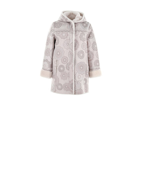 FLAT VIEW-FANTASTIC LOWERS PRINTED SHEARLING COAT DESIGNED BY ZANDRA RHODES FOR POLOGEORGIS-HOODED-FULL LENGTH SLEEVES-SLIT POCKETS-SNAP CLOSURES-REVERSIBLE TO ALYS WHITE SHEARLING FUR-32 INCH CENTER BACK LENGTH