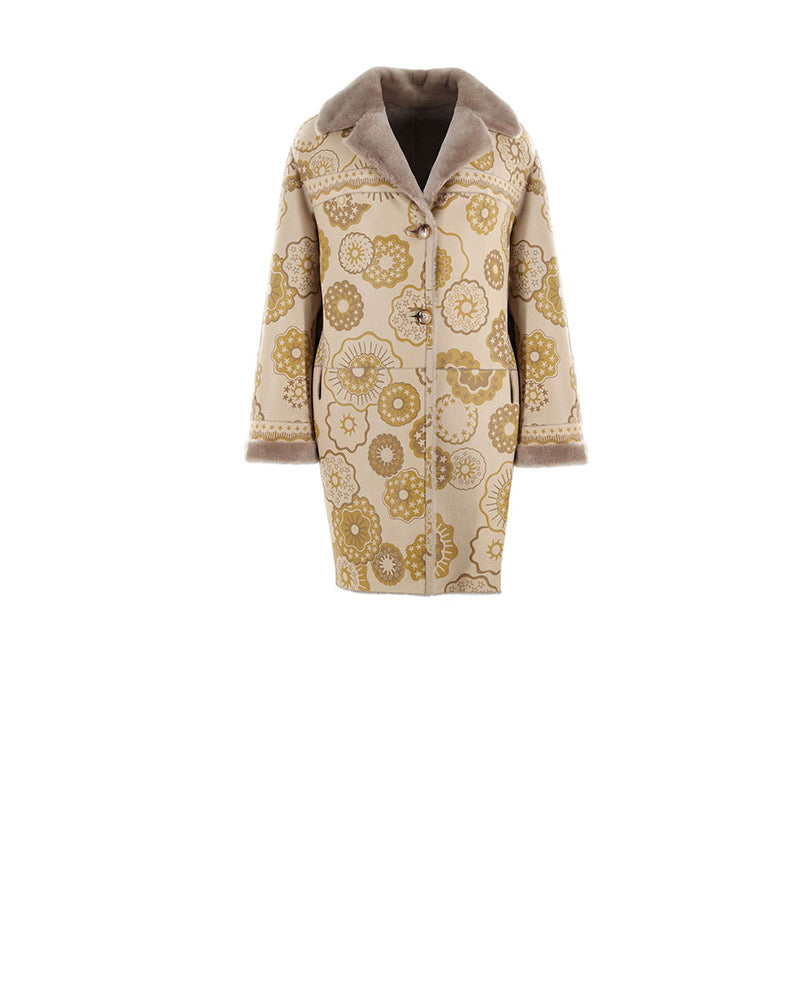 Pologeorgis Knitted Flower Embossed Reversible Two Tier Shearling Jacket Designed by Zandra Rhodes