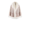 FLAT VIEW-DASH WIGGLE PRINTED SHEARLING JACKET REVERSIBLE TO LONG CURLY SHEARLING FUR DESIGNED BY ZANDRA RHODES FOR POLOGEORGIS-LONG CURLY SHEARLING FUR SHAWL COLLAR-FULL LENGTH FUR TRIMMED SLEEVES- SLIT POCKETS-SNAP CLOSURES-27 INCH CENTER BACK LENGTH-TAUPE LEATHER  REVERSIBLE TO IVORY FUR