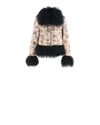 FLAT VIEW-KNITTED FLOWER PRINTED SHEARLING MOTO JACKET DESIGNED BY ZANDRA RHODES FOR POLOGEORGIS-CONVERTABLE BLACK CURLY SHEARLING OVERSIZED SHIRT TO STAND COLLAR WITH LEATHER TABS WITH BUCKLES -FULL LENGTH SLEEVES WITH BLACK CURLY SHEARLING SLEEVE ENDS-BLACK CURLY SHEARLING PEPLUM-SLIT POCKETS-FRONT ZIP CLOSURE-FUR TRIMMED HEM AND SLEEVE ENDS-BLACK PRINTED KNITTED FLOWERS ON TAPIOCA SHEARLING-19 INCH CENTER BACK LENGTH
