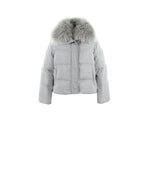 FLAT VIEW- GREY DOWN FILLED PUFFER JACKET -CASHMERE GOAT TRIMMED STAND COLLAR-FULL LENGTH SLEEVES-SLIT POCKETS-HIDDEN SNAPS OVER ZIPPER FRONT CLOSURE-26 INCH CENTER BACK LENGTH BY POLOGEORGIS