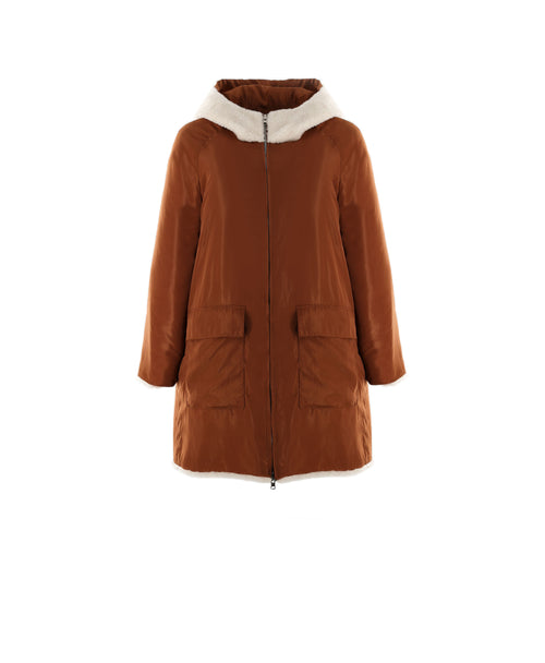 FLAT VIEW TECHNO SIDE-IVORY SHEARLING ANORAK REVERSIBLE TO CONTRASTING COCO TECHNO FABRIC-HOODED-FULL LENGTH SLEEVES-FLAP POCKETS-HIDDEN FRONT SNAPS OVER ZIPPER CLOSURE-31 INCH CENTER BACK LENGTH-BY POLOGEORGIS