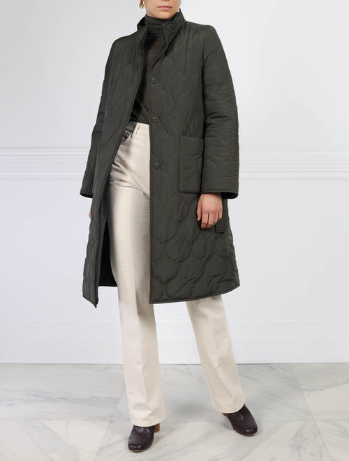 Reversible Fur Lined Quilted Coat in Loden