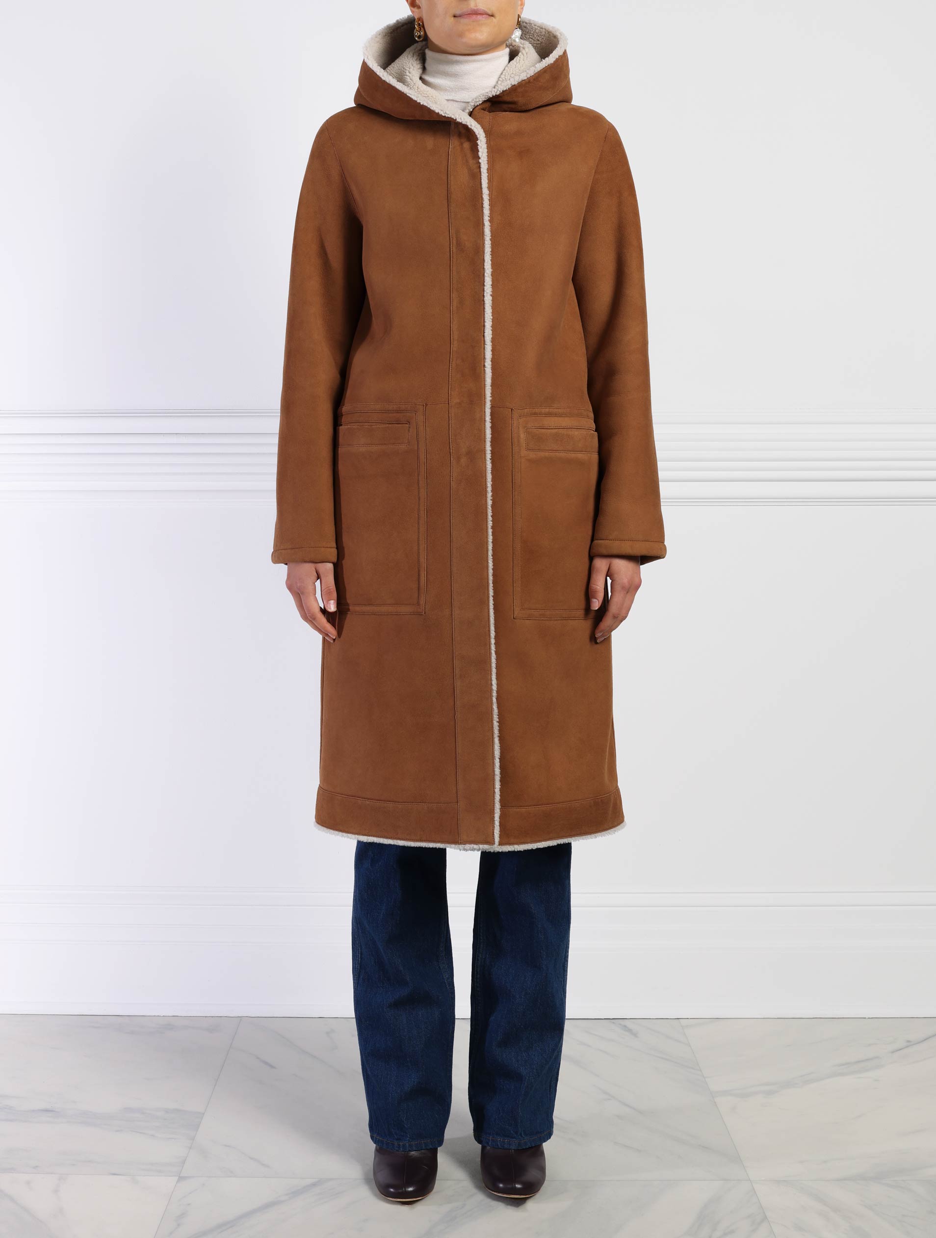 Reversible Suedeback Shearling Coat in Brown