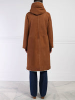  Reversible Suedeback Shearling Hooded Coat in Brown | Pologeorgis