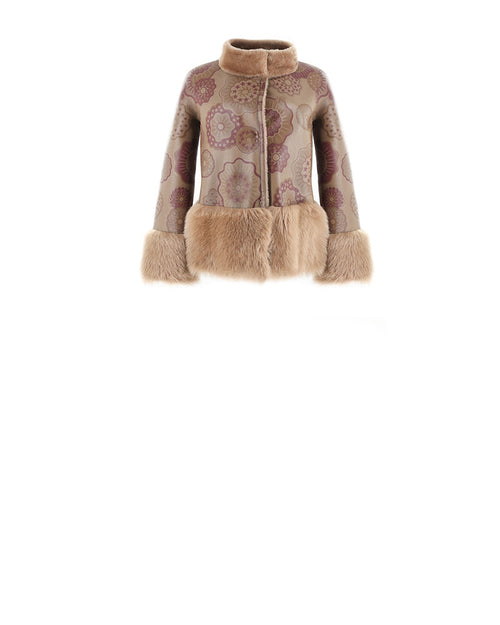 FLAT VIEW-PRINTED SHEARLING JACKET WITH FUR PEPLUM AND CUFFS DESIGNED BY ZANDRA RHODES FOR POLOGEORGIS- FUR STAND COLLAR-STRAIGHT SLEEVES WITH FUR SLEEVE ENDS-SNAP CLOSURES-24 INCH CENTER BACK LENGTH- PRINTED FANTASTIC FLOWERS DESIGN ON BROWN SHEARLING