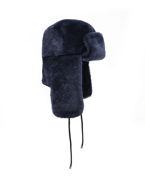 NAVY SHEARLING TRAPPER HAT WITH LEATHER TIES & GUNMETAL STOPPERS BY POLOGEORGIS