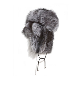 SILVER FOX FUR TRAPPER HAT WITH LEATHER TIES