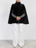 black Shearling Cape Stand Collar front