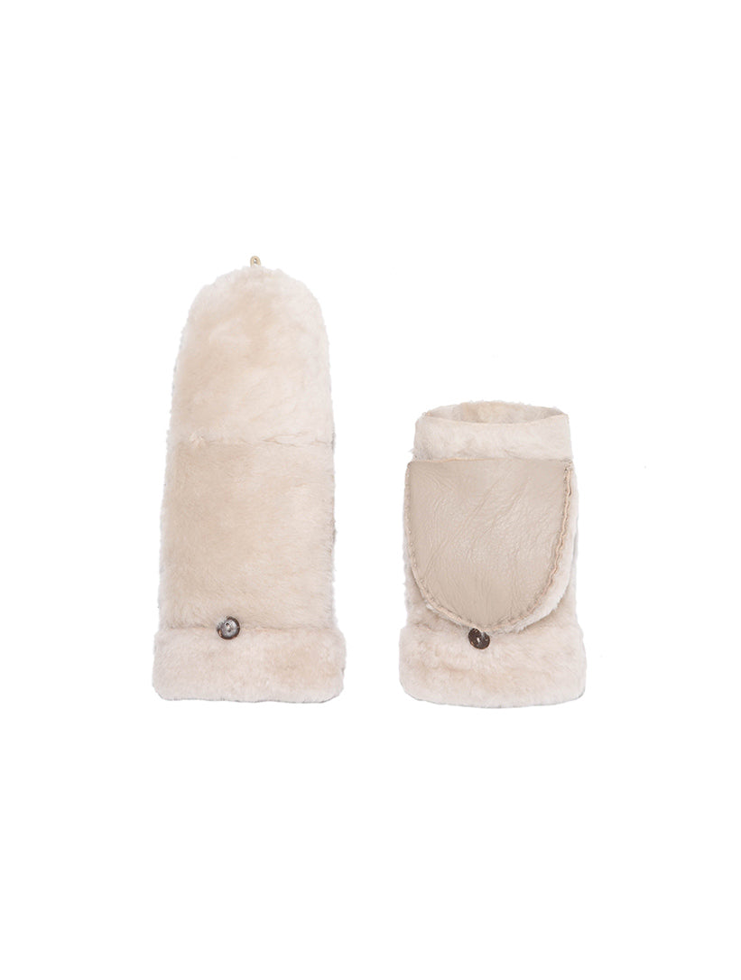 Shearling Fold Over Fur Mittens in Beige