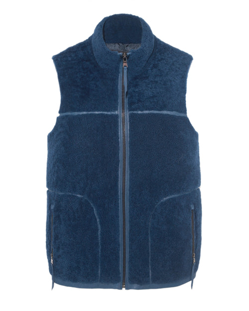 Curly Shearling Zip Vest in Blue | Pologeorgis