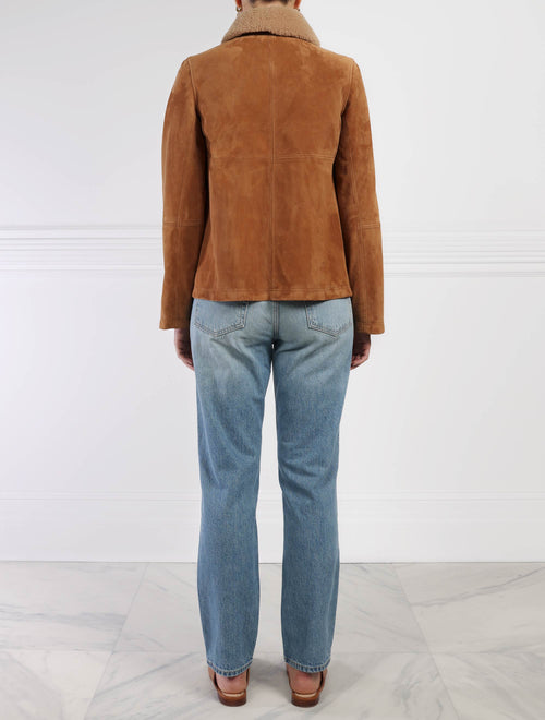 Suede Jacket with Shearling Collar in Tan | Pologeorgis