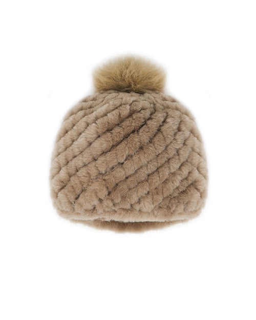 CAMEL KNITTED SHEARLING HAT WITH POM