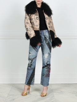 CASUAL VIEW-KNITTED FLOWER PRINTED SHEARLING MOTO JACKET DESIGNED BY ZANDRA RHODES FOR POLOGEORGIS-CONVERTABLE BLACK CURLY SHEARLING OVERSIZED SHIRT TO STAND COLLAR WITH LEATHER TABS WITH BUCKLES -FULL LENGTH SLEEVES WITH BLACK CURLY SHEARLING SLEEVE ENDS-BLACK CURLY SHEARLING PEPLUM-SLIT POCKETS-FRONT ZIP CLOSURE-FUR TRIMMED HEM AND SLEEVE ENDS-BLACK PRINTED KNITTED FLOWERS ON TAPIOCA SHEARLING-19 INCH CENTER BACK LENGTH