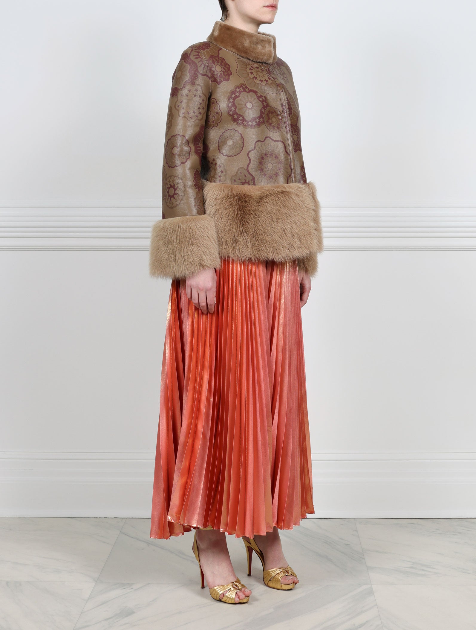 Pologeorgis Knitted Flower Printed Shearling Jacket with Curly Lamb Trim Designed by Zandra Rhodes