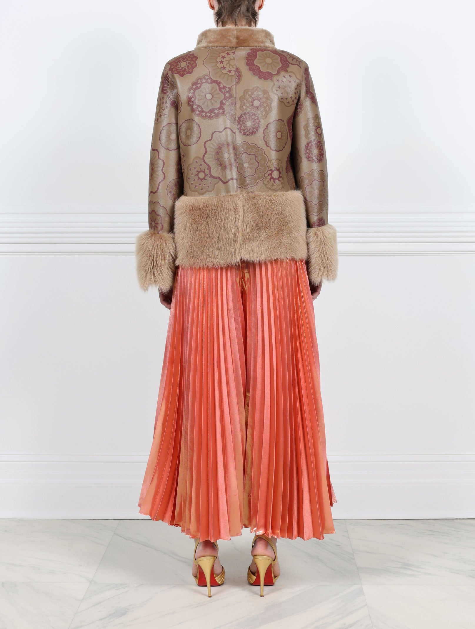Pologeorgis Knitted Flower Printed Shearling Jacket with Curly Lamb Trim Designed by Zandra Rhodes