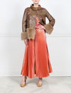 PRINTED SHEARLING JACKET WITH FUR PEPLUM AND CUFFS DESIGNED BY ZANDRA RHODES FOR POLOGEORGIS- FUR STAND COLLAR-STRAIGHT SLEEVES WITH FUR SLEEVE ENDS-SNAP CLOSURES-24 INCH CENTER BACK LENGTH- PRINTED FANTASTIC FLOWERS DESIGN ON BROWN SHEARLING