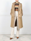 ACTION VIEW-TAN SHEARLING TRENCH COAT-NOTCH COLLAR-FULL LENGTH SLEEVES WITH BUTTON TABS-SLIT POCKETS-LEATHER BELT-42 INCH CENTER BACK LENGTH- BY POLOGEORGIS