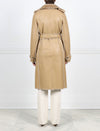 BACK VIEW-TAN SHEARLING TRENCH COAT-NOTCH COLLAR-FULL LENGTH SLEEVES WITH BUTTON TABS-SLIT POCKETS-LEATHER BELT-42 INCH CENTER BACK LENGTH- BY POLOGEORGIS
