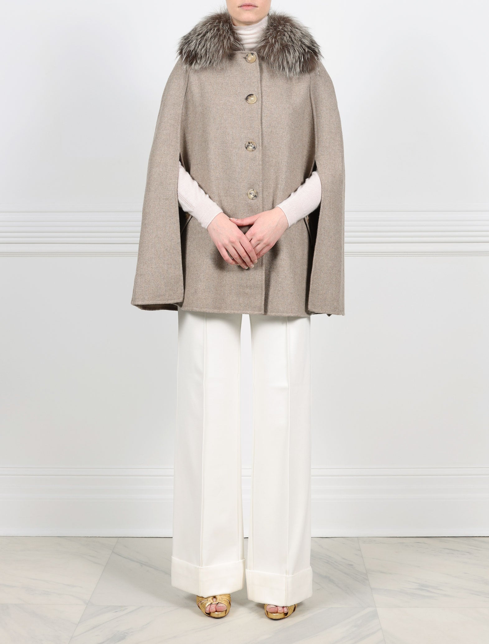 FRONT VIEW-TAUPE DOUBLE FACED WOOL BLEND CAPE-DETACHABLE SHIRT FOX COLLAR-SIDE SLITS-FLAP PATCH POCKETS WITH SIDE ENTRY-BUTTON CLOSURES-LEATHER TRIM-31 INCH CENTER BACK LENGTH-BY POLOGEORGIS