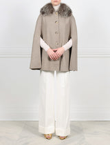 FRONT VIEW-TAUPE DOUBLE FACED WOOL BLEND CAPE-DETACHABLE SHIRT FOX COLLAR-SIDE SLITS-FLAP PATCH POCKETS WITH SIDE ENTRY-BUTTON CLOSURES-LEATHER TRIM-31 INCH CENTER BACK LENGTH-BY POLOGEORGIS
