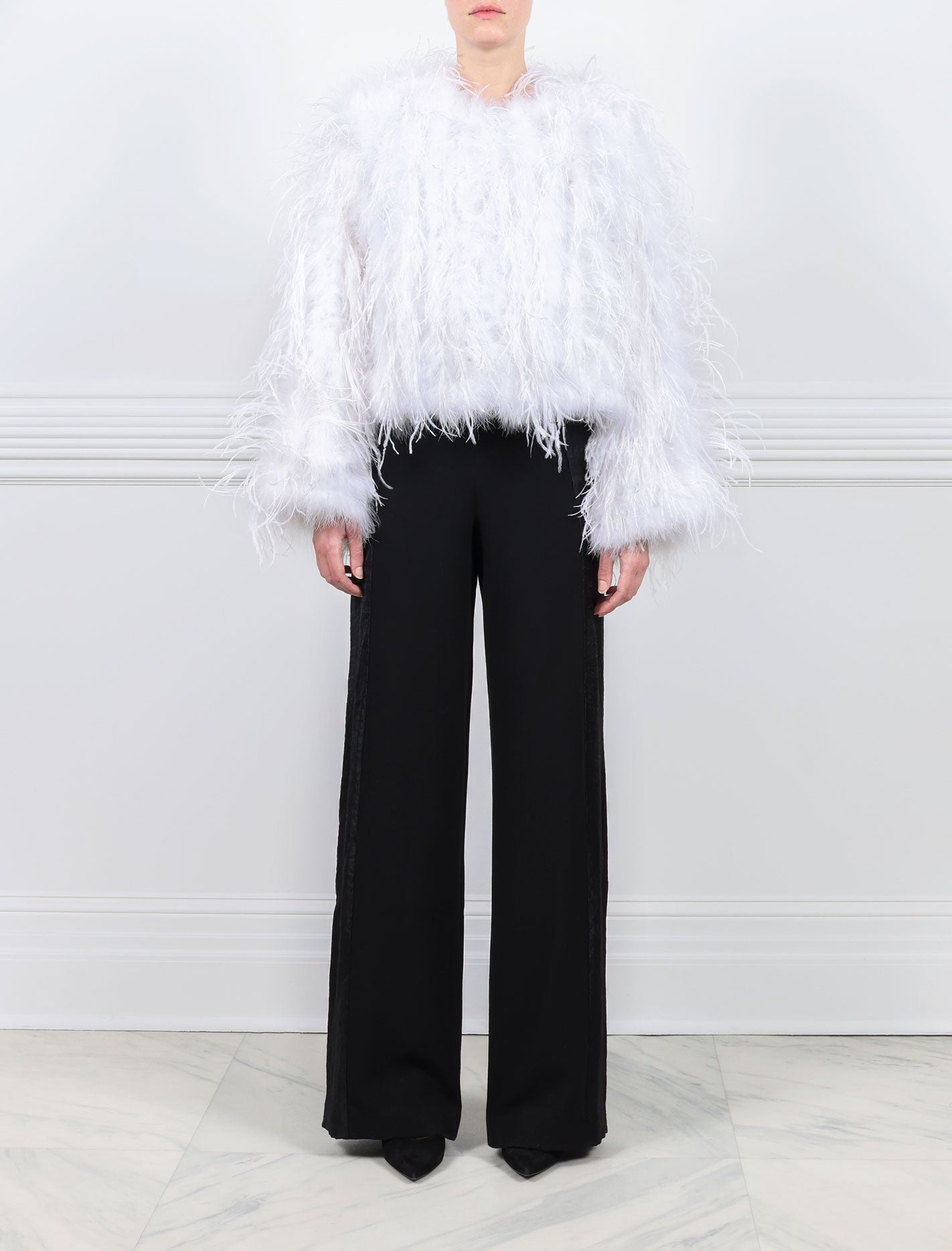 WHITE OSTRICH FEATHER JACKET-CREW NECK-FULL LENGTH STRAIGHT SLEEVES-SLIT POCKETS-HOOK AND EYE CLOSURES-20 INCH CENTER BACK LENGTH-BY POLOGEORGIS