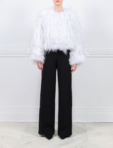 WHITE OSTRICH FEATHER JACKET-CREW NECK-FULL LENGTH STRAIGHT SLEEVES-SLIT POCKETS-HOOK AND EYE CLOSURES-20 INCH CENTER BACK LENGTH-BY POLOGEORGIS