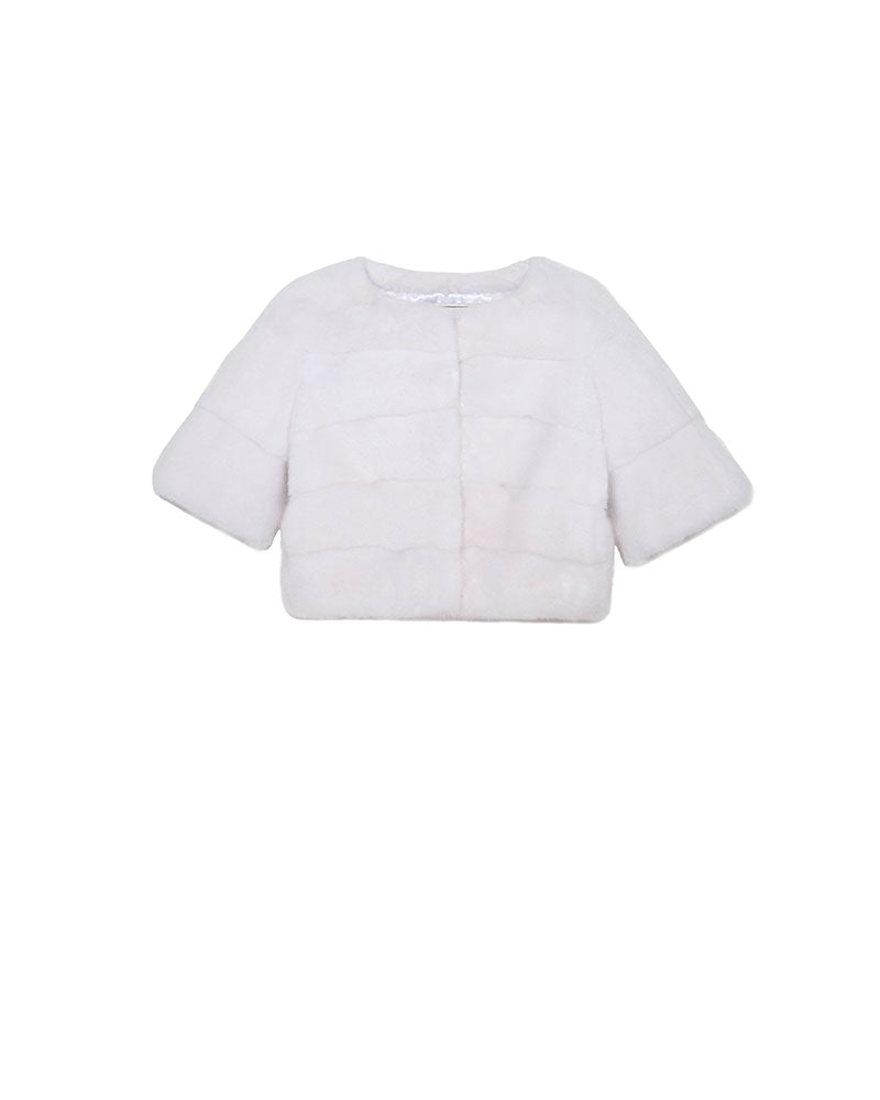 WHITE HORIZONTAL MINK FUR SHRUG CREW NECK SHORT SLEEVES |  POLOGEORGIS