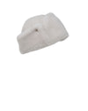 WHITE LEATHER OUT SHEARLING BEANIE WITH FUR LINED NAPE FLAP UP BY POLOGEORGIS