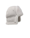 WHITE LEATHER OUT SHEARLING BEANIE WITH NAPE FLAP DOWN BY POLOGEORGIS