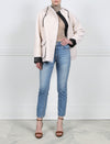 ACTION VIEW-IVORY HOODED BOMBER JACKET WITH BLACK LEATHER TRIM-DRAWSTRING HOOD  WITH METAL STOPPERS-FULL LENGTH SLEEVES WITH BLACK LEATHER CUFFS-BLACK LEATHER TRIMMED FLAP POCKETS-HIDDEN ZIP CLOSURE-28 INCH CENTER BACK LENGTH-BY POLOGEORGIS