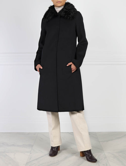 Wool Coat with Detachable Shearling Collar in Black