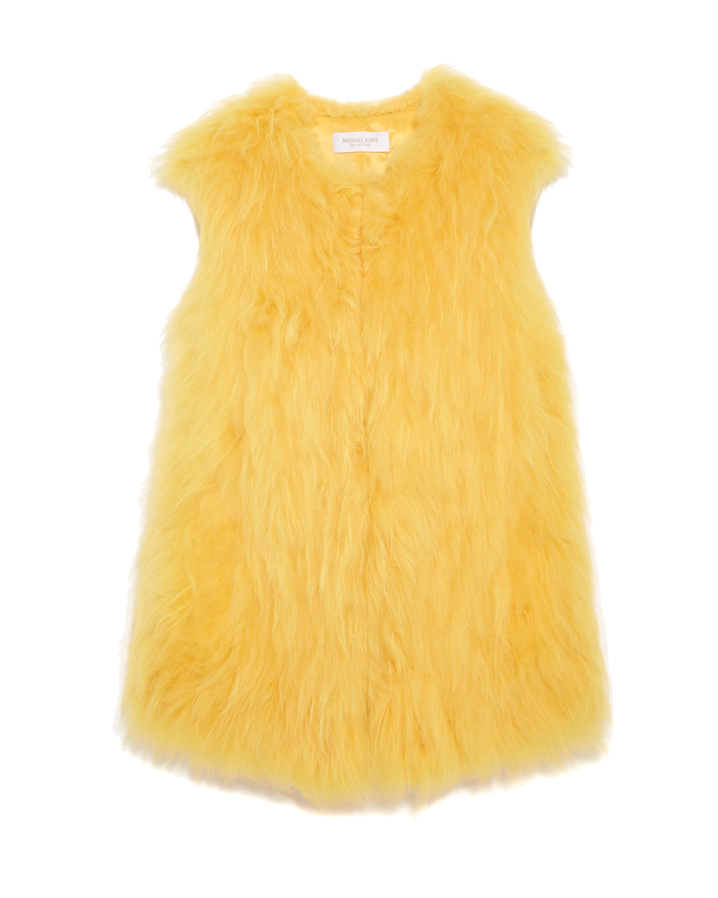 YELLOW CREW NECK KNITTED SHEARLING VEST-SLIT POCKETS-HOOK AND EYE CLOSURES-24 INCH CENTER BACK LENGTH-POLOGEORGIS
