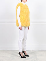 YELLOW CREW NECK KNITTED SHEARLING VEST-SLIT POCKETS-HOOK AND EYE CLOSURES-24 INCH CENTER BACK LENGTH-POLOGEORGIS