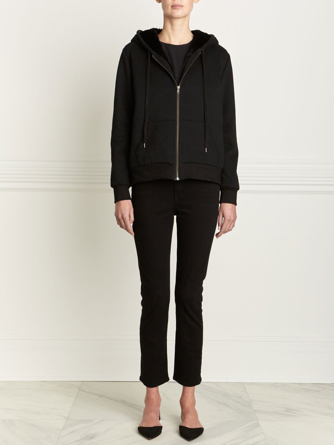 Black Rabbit Fur Lined Hoodie in Navy